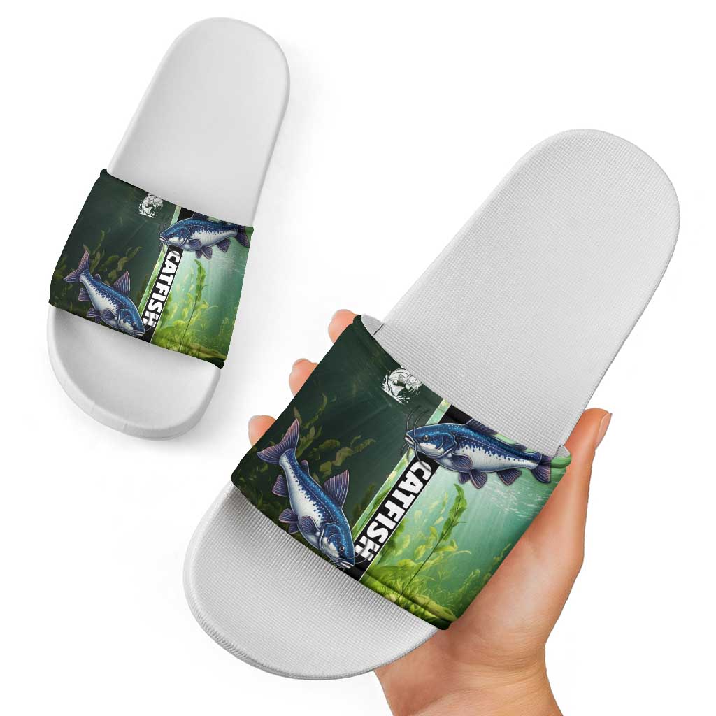 Catfish Fishing Slide Sandals with Underwater River Scene and Green Aquatic Pattern - Wonder Print Shop