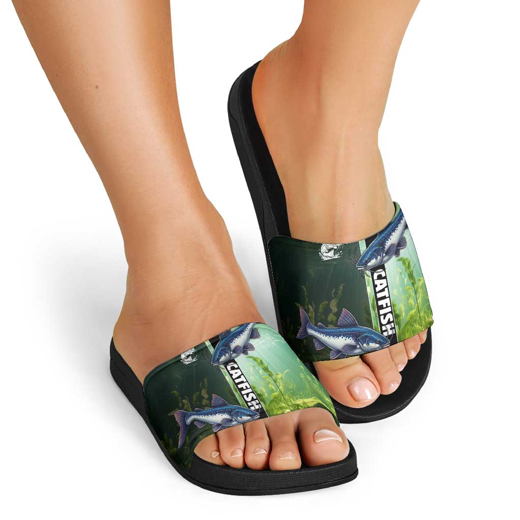 Catfish Fishing Slide Sandals with Underwater River Scene and Green Aquatic Pattern - Wonder Print Shop