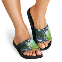 Catfish Fishing Slide Sandals with Underwater River Scene and Green Aquatic Pattern - Wonder Print Shop