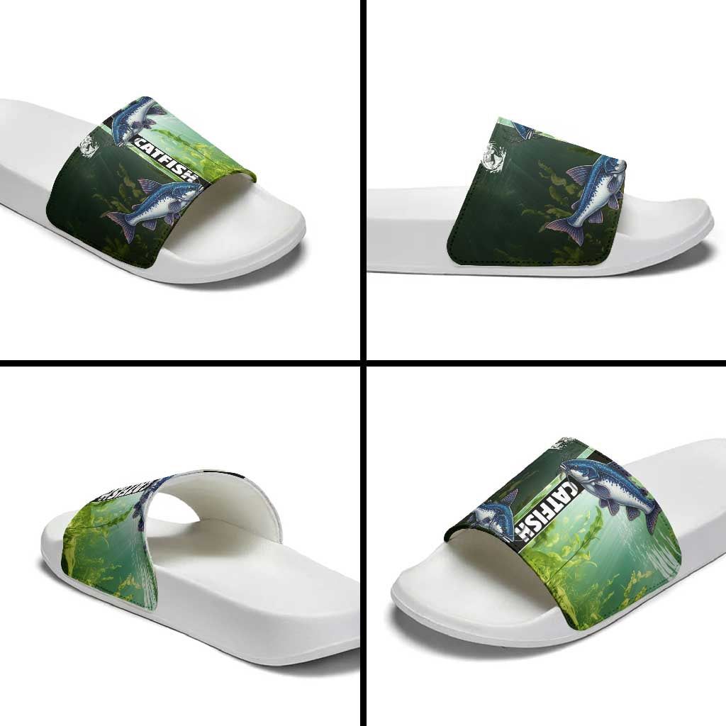 Catfish Fishing Slide Sandals with Underwater River Scene and Green Aquatic Pattern - Wonder Print Shop