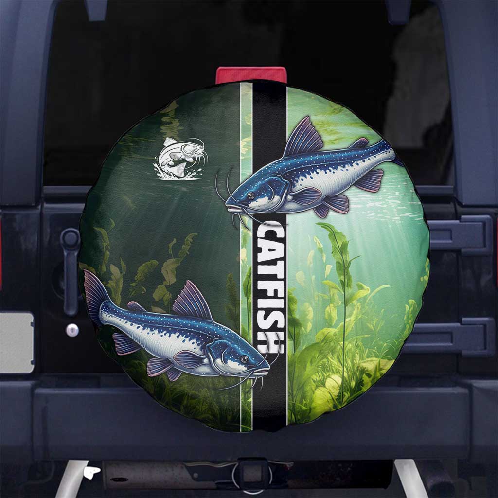 Catfish Fishing Spare Tire Cover with Underwater River Scene and Green Aquatic Pattern - Wonder Print Shop