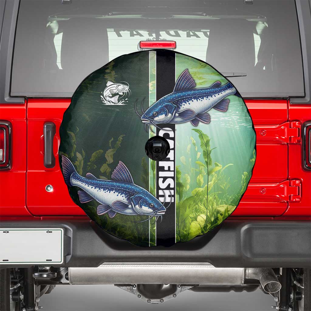 Catfish Fishing Spare Tire Cover with Underwater River Scene and Green Aquatic Pattern - Wonder Print Shop