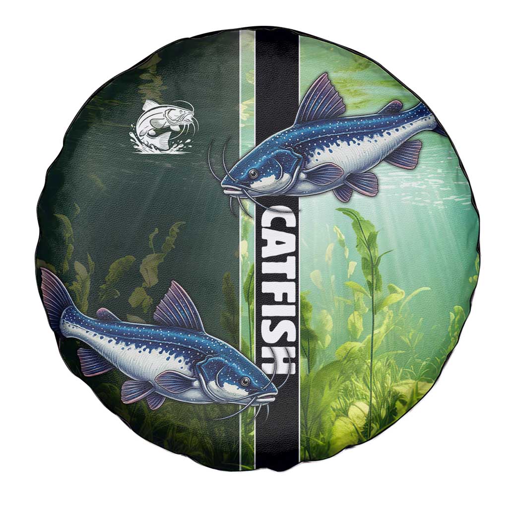 Catfish Fishing Spare Tire Cover with Underwater River Scene and Green Aquatic Pattern - Wonder Print Shop