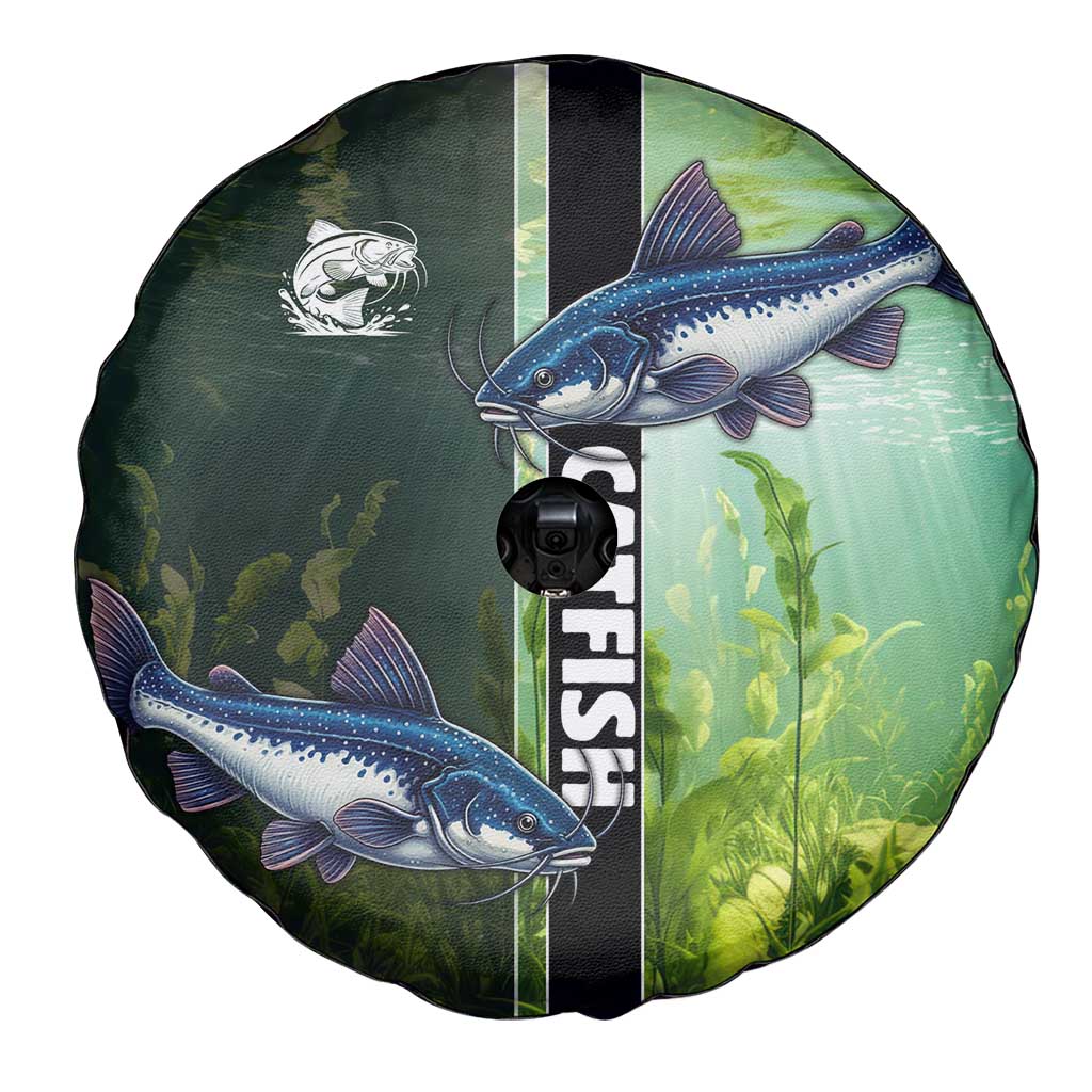 Catfish Fishing Spare Tire Cover with Underwater River Scene and Green Aquatic Pattern - Wonder Print Shop