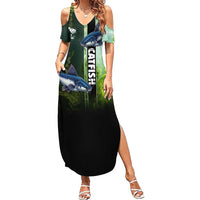 Custom Catfish Fishing Summer Maxi Dress with Underwater River Scene and Green Aquatic Pattern - Wonder Print Shop