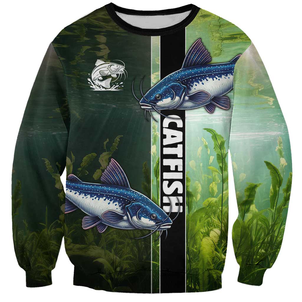 Custom Catfish Fishing Sweatshirt with Underwater River Scene and Green Aquatic Pattern - Wonder Print Shop