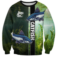 Custom Catfish Fishing Sweatshirt with Underwater River Scene and Green Aquatic Pattern - Wonder Print Shop