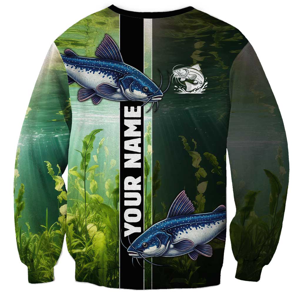 Custom Catfish Fishing Sweatshirt with Underwater River Scene and Green Aquatic Pattern - Wonder Print Shop