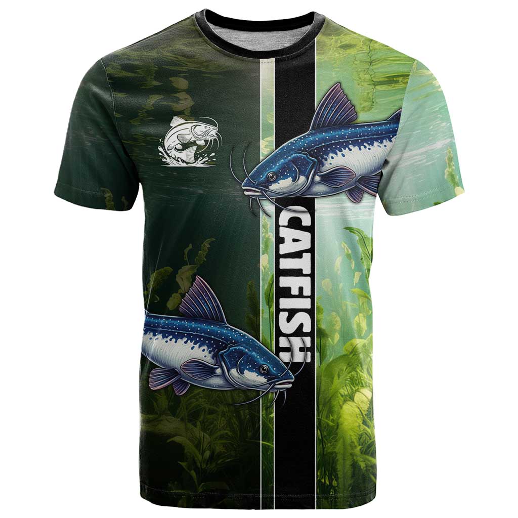 Custom Catfish Fishing T Shirt with Underwater River Scene and Green Aquatic Pattern - Wonder Print Shop