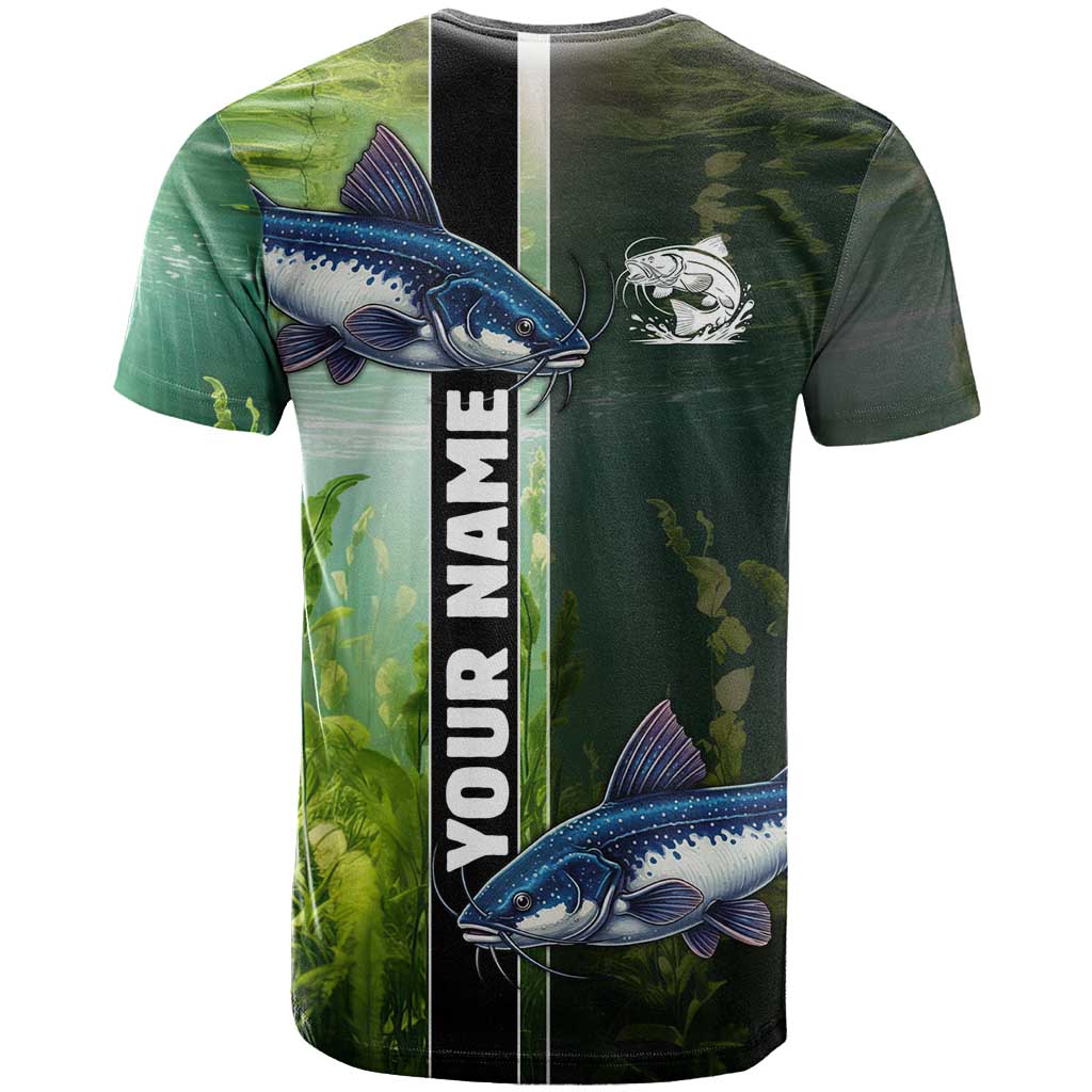 Custom Catfish Fishing T Shirt with Underwater River Scene and Green Aquatic Pattern - Wonder Print Shop