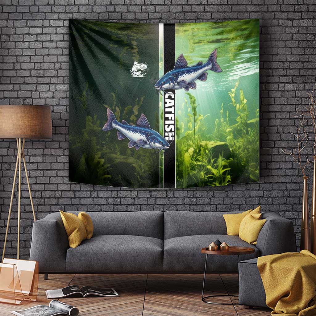 Catfish Fishing Tapestry with Underwater River Scene and Green Aquatic Pattern - Wonder Print Shop