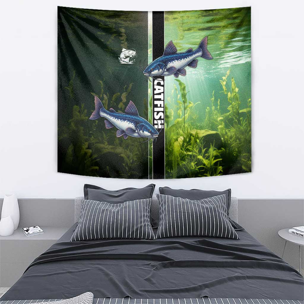Catfish Fishing Tapestry with Underwater River Scene and Green Aquatic Pattern - Wonder Print Shop