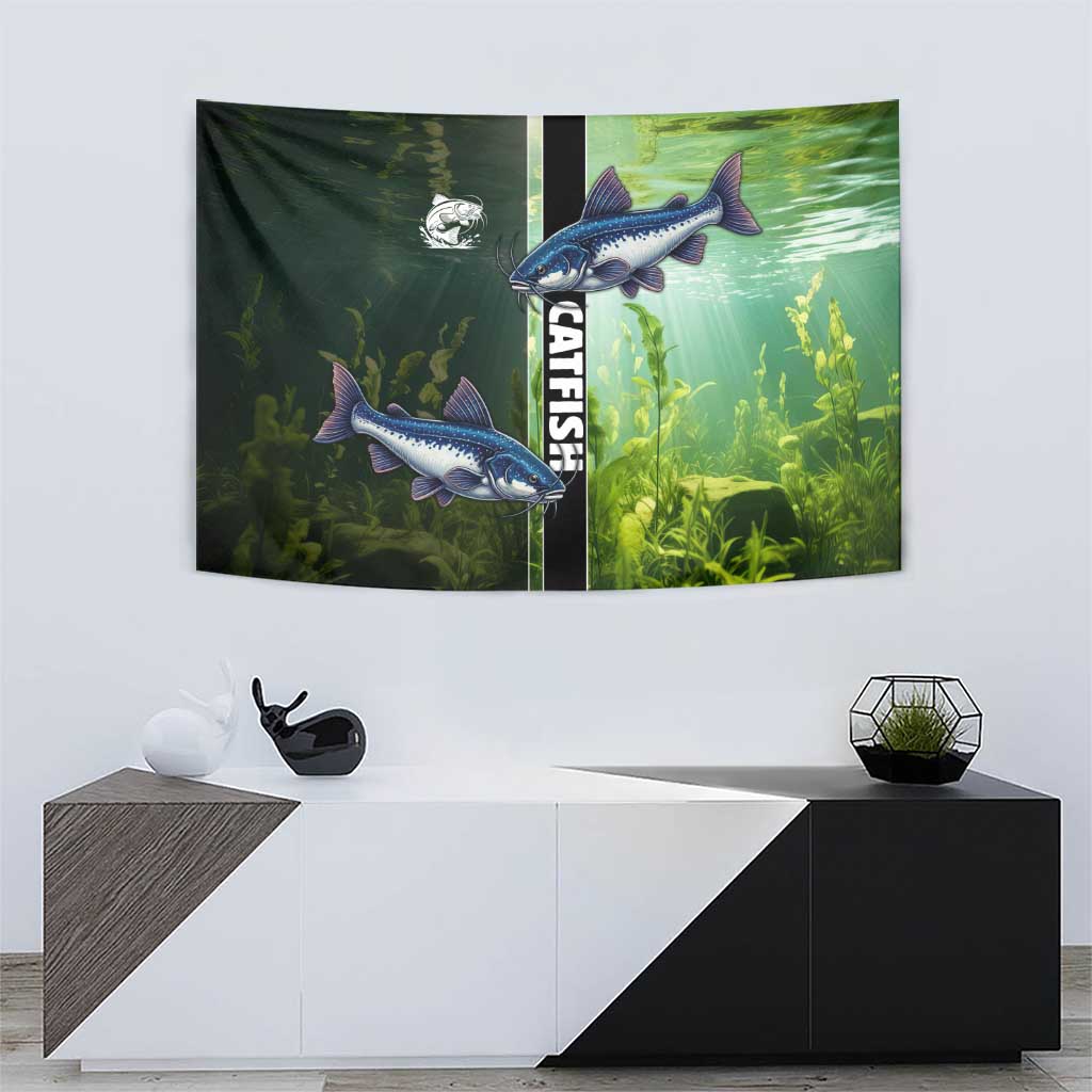 Catfish Fishing Tapestry with Underwater River Scene and Green Aquatic Pattern - Wonder Print Shop