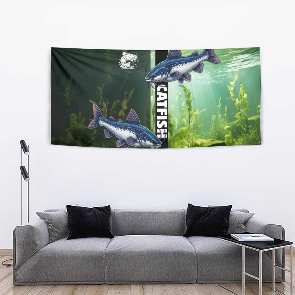 Catfish Fishing Tapestry with Underwater River Scene and Green Aquatic Pattern - Wonder Print Shop
