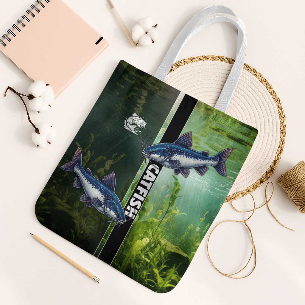 Catfish Fishing Tote Bag with Underwater River Scene and Green Aquatic Pattern - Wonder Print Shop