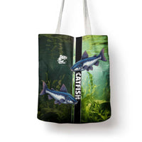 Catfish Fishing Tote Bag with Underwater River Scene and Green Aquatic Pattern - Wonder Print Shop