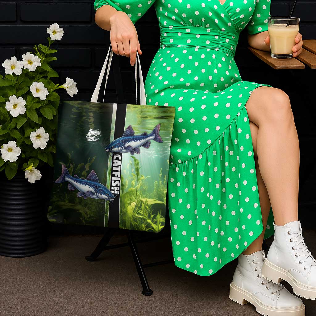 Catfish Fishing Tote Bag with Underwater River Scene and Green Aquatic Pattern - Wonder Print Shop