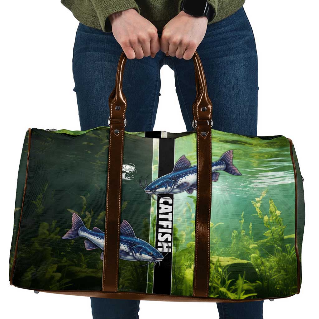Catfish Fishing Travel Bag with Underwater River Scene and Green Aquatic Pattern - Wonder Print Shop