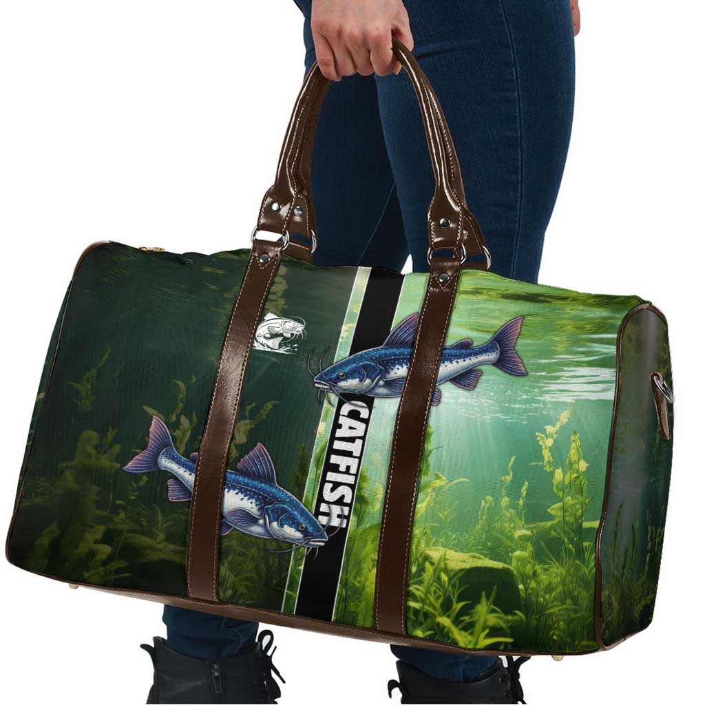 Catfish Fishing Travel Bag with Underwater River Scene and Green Aquatic Pattern - Wonder Print Shop