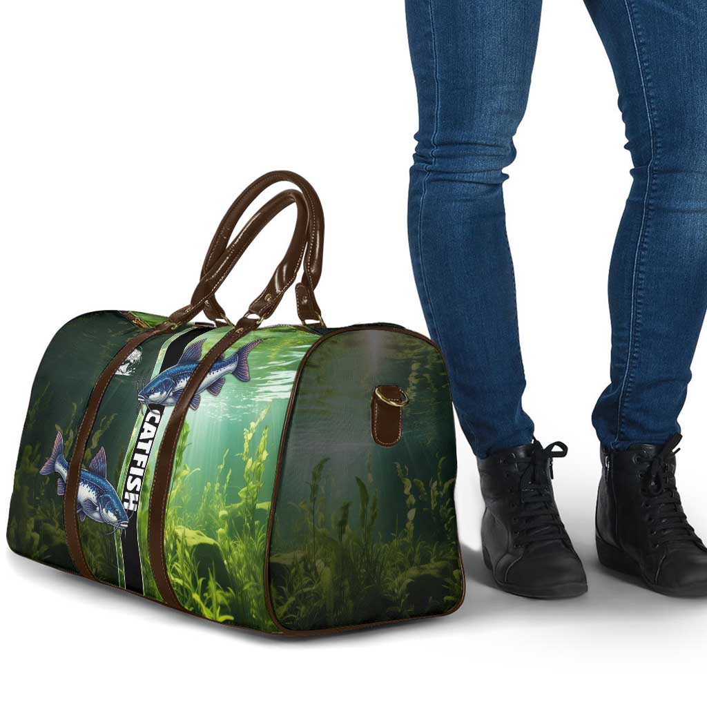 Catfish Fishing Travel Bag with Underwater River Scene and Green Aquatic Pattern - Wonder Print Shop