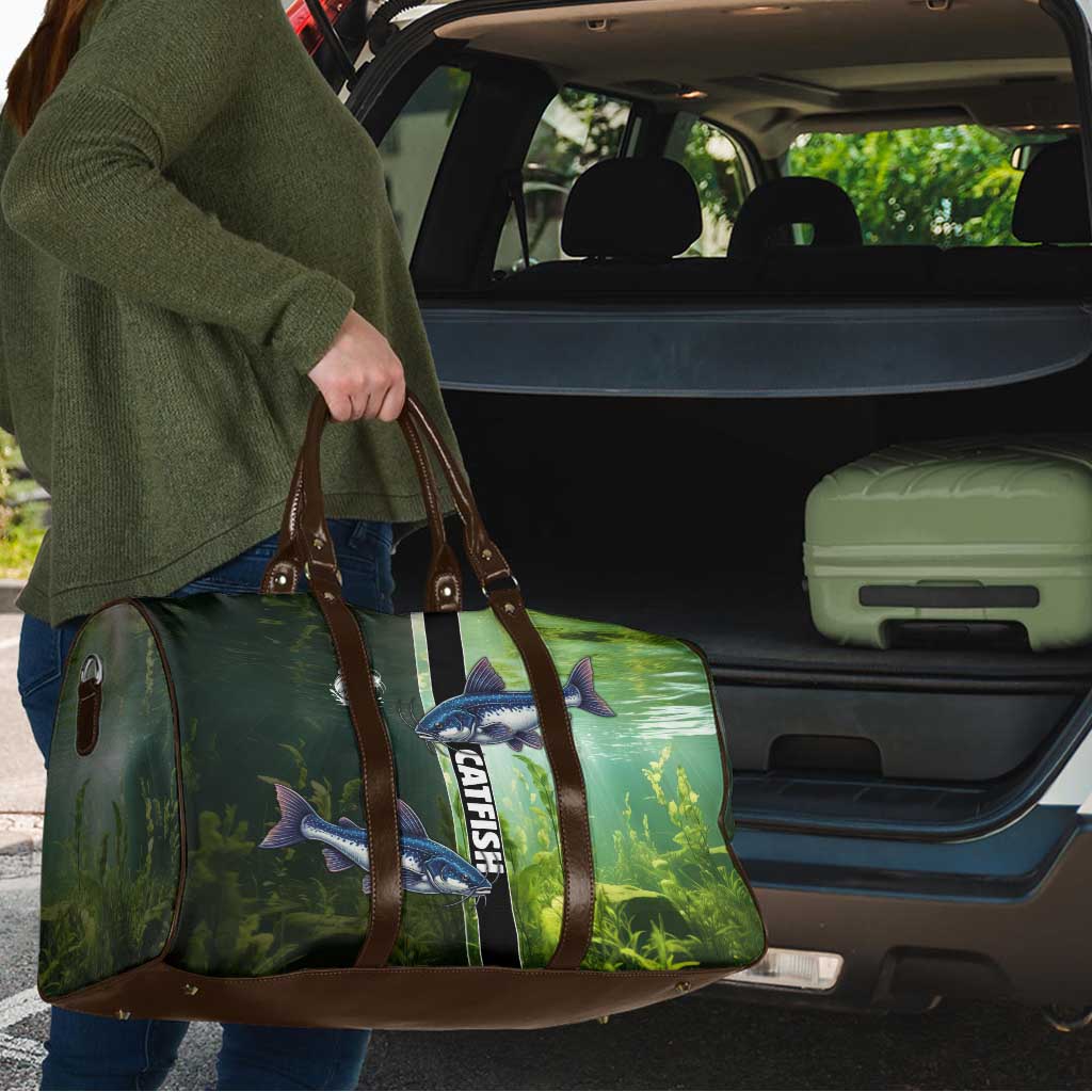 Catfish Fishing Travel Bag with Underwater River Scene and Green Aquatic Pattern - Wonder Print Shop