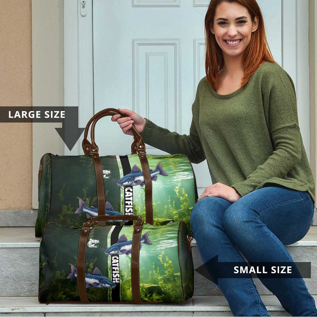 Catfish Fishing Travel Bag with Underwater River Scene and Green Aquatic Pattern - Wonder Print Shop