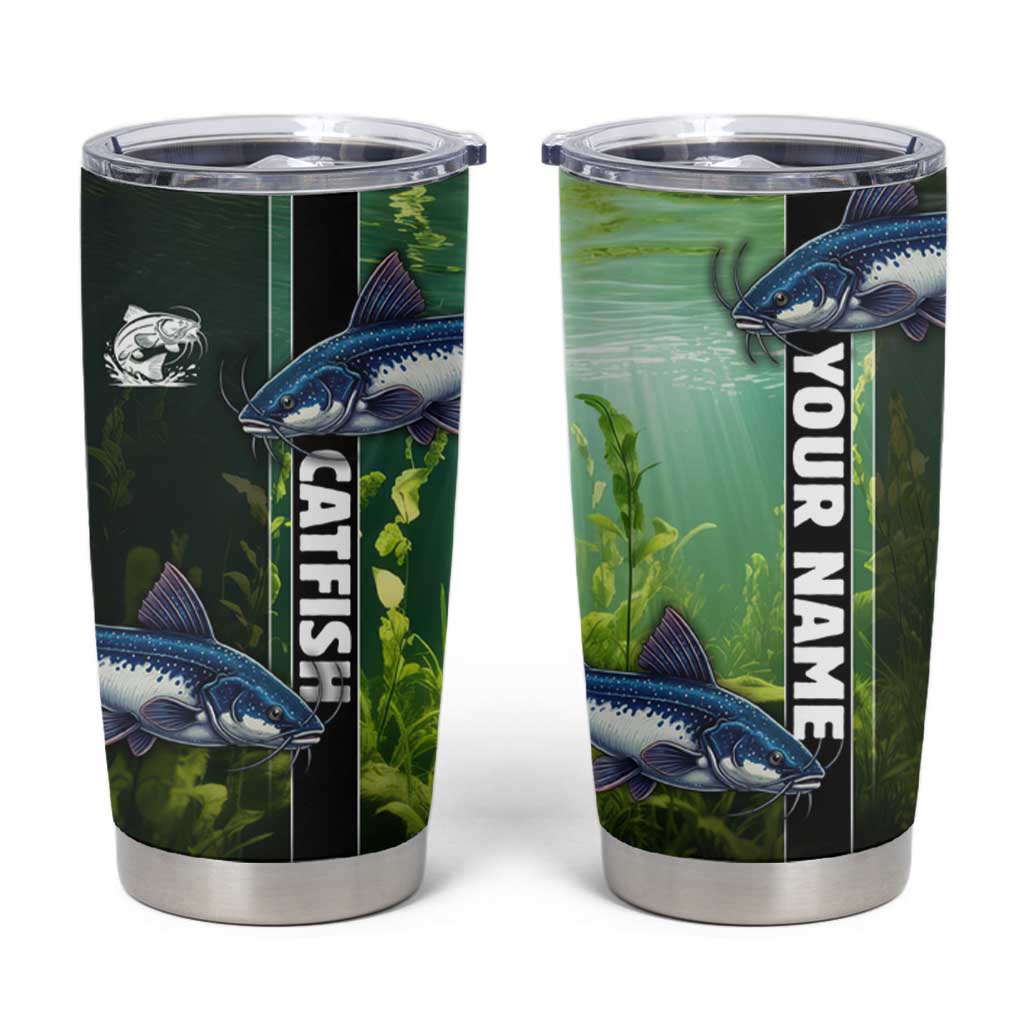 Custom Catfish Fishing Tumbler Cup with Underwater River Scene and Green Aquatic Pattern - Wonder Print Shop