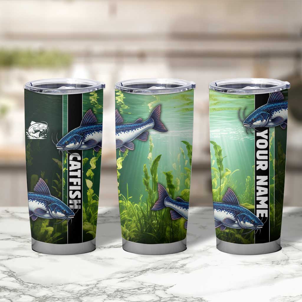 Custom Catfish Fishing Tumbler Cup with Underwater River Scene and Green Aquatic Pattern - Wonder Print Shop