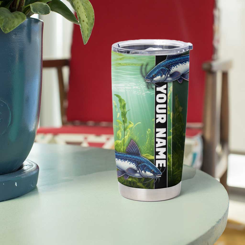 Custom Catfish Fishing Tumbler Cup with Underwater River Scene and Green Aquatic Pattern - Wonder Print Shop