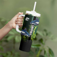Custom Catfish Fishing Tumbler With Handle with Underwater River Scene and Green Aquatic Pattern - Wonder Print Shop