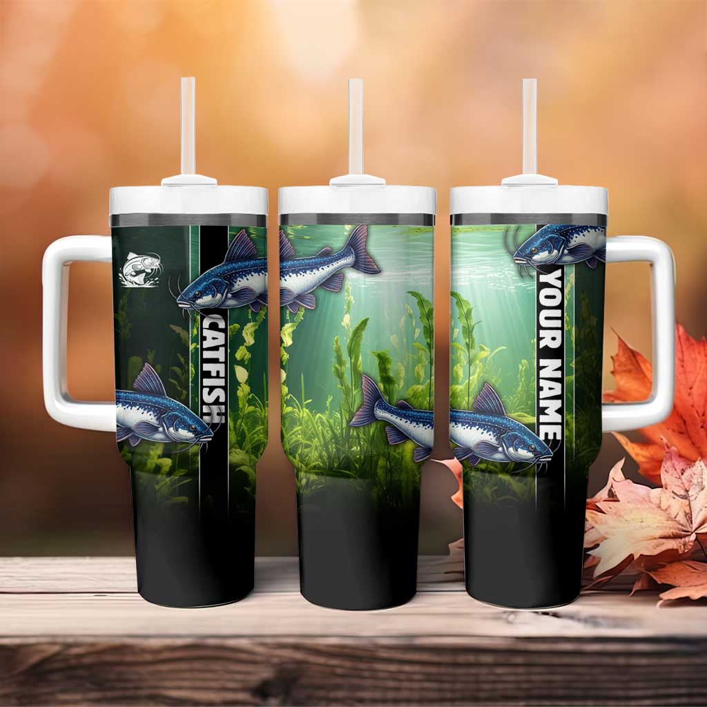 Custom Catfish Fishing Tumbler With Handle with Underwater River Scene and Green Aquatic Pattern - Wonder Print Shop