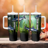 Custom Catfish Fishing Tumbler With Handle with Underwater River Scene and Green Aquatic Pattern - Wonder Print Shop