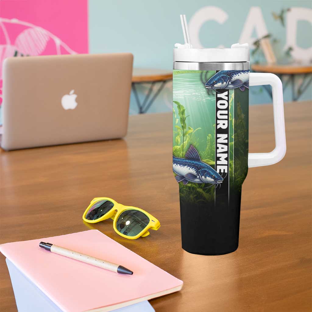Custom Catfish Fishing Tumbler With Handle with Underwater River Scene and Green Aquatic Pattern - Wonder Print Shop