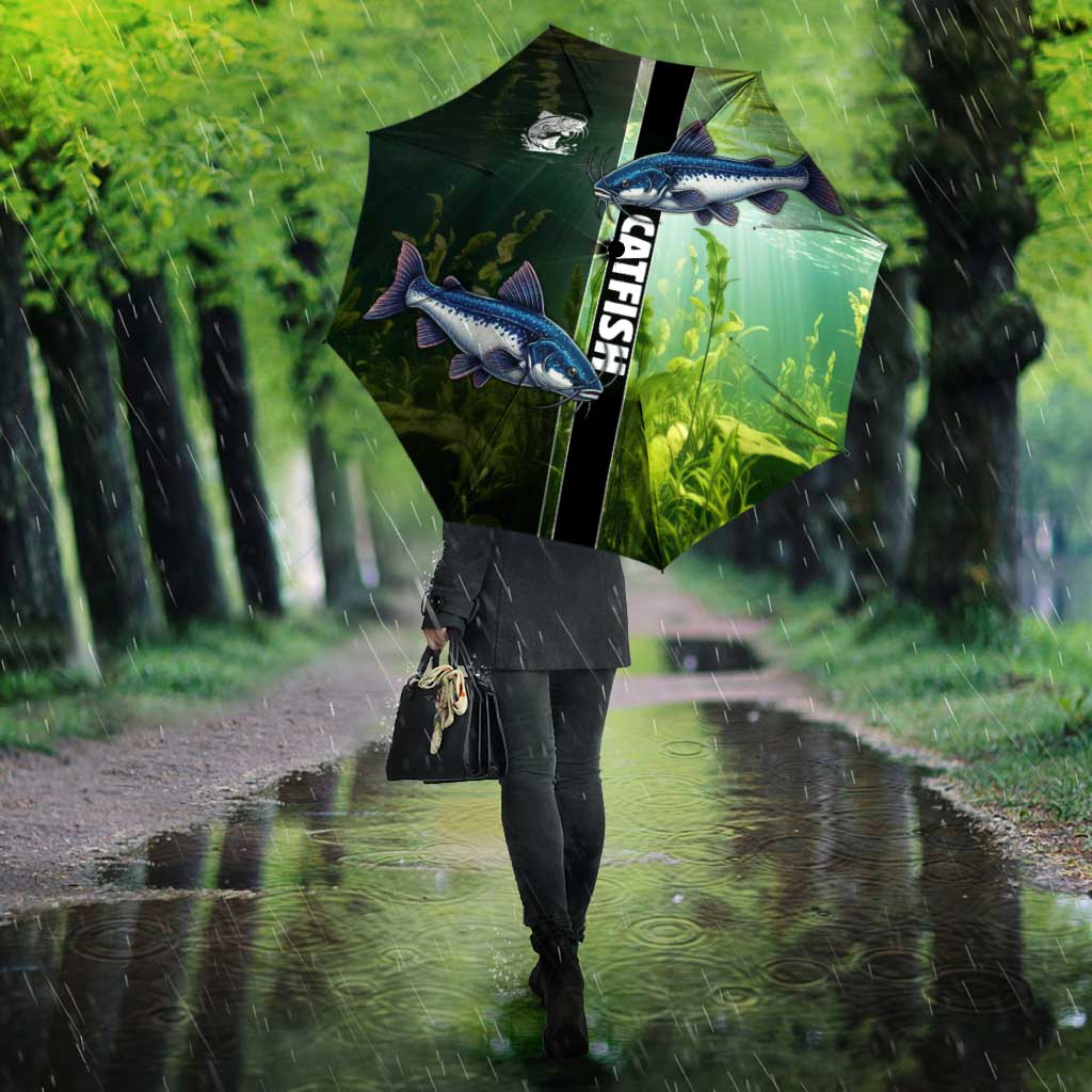 Catfish Fishing Umbrella with Underwater River Scene and Green Aquatic Pattern - Wonder Print Shop