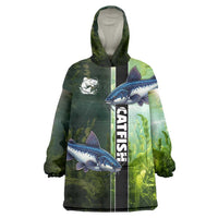 Custom Catfish Fishing Wearable Blanket Hoodie with Underwater River Scene and Green Aquatic Pattern - Wonder Print Shop
