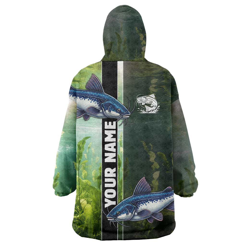 Custom Catfish Fishing Wearable Blanket Hoodie with Underwater River Scene and Green Aquatic Pattern - Wonder Print Shop