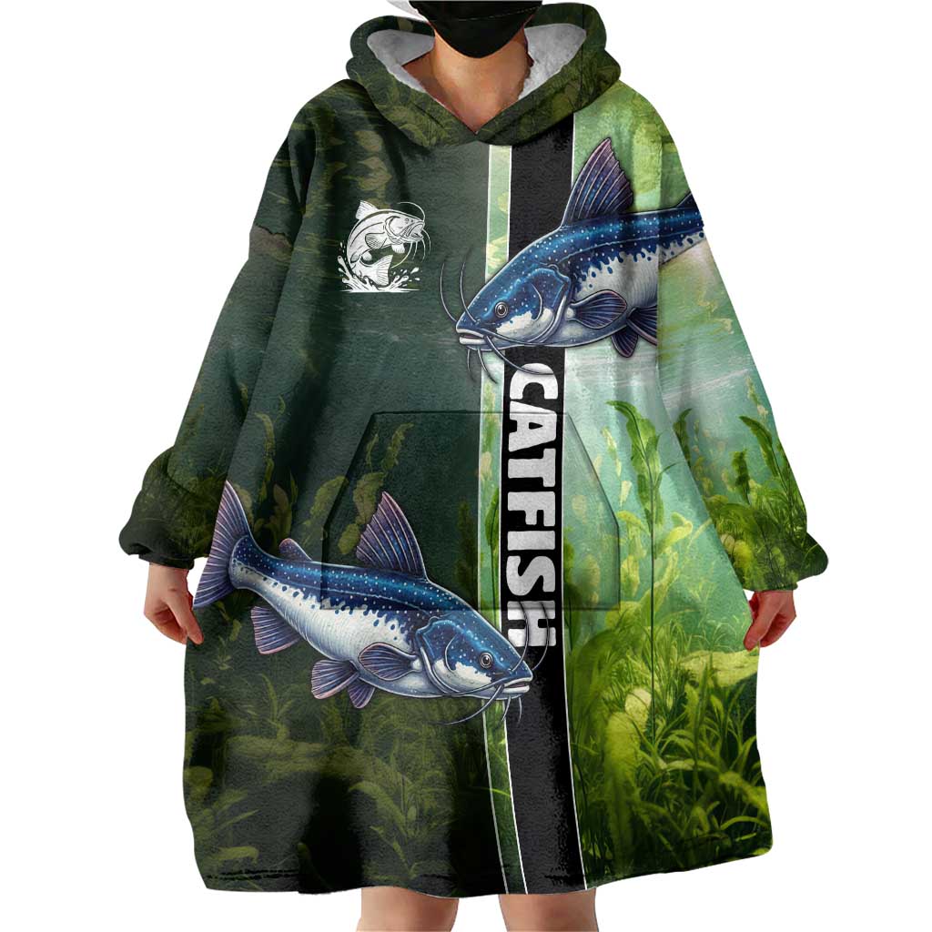 Custom Catfish Fishing Wearable Blanket Hoodie with Underwater River Scene and Green Aquatic Pattern - Wonder Print Shop