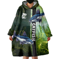 Custom Catfish Fishing Wearable Blanket Hoodie with Underwater River Scene and Green Aquatic Pattern - Wonder Print Shop