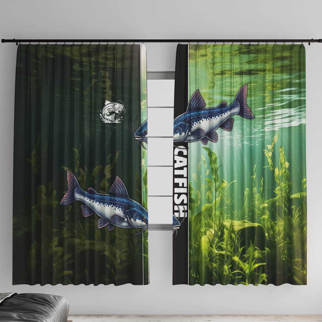 Catfish Fishing Window Curtain with Underwater River Scene and Green Aquatic Pattern - Wonder Print Shop