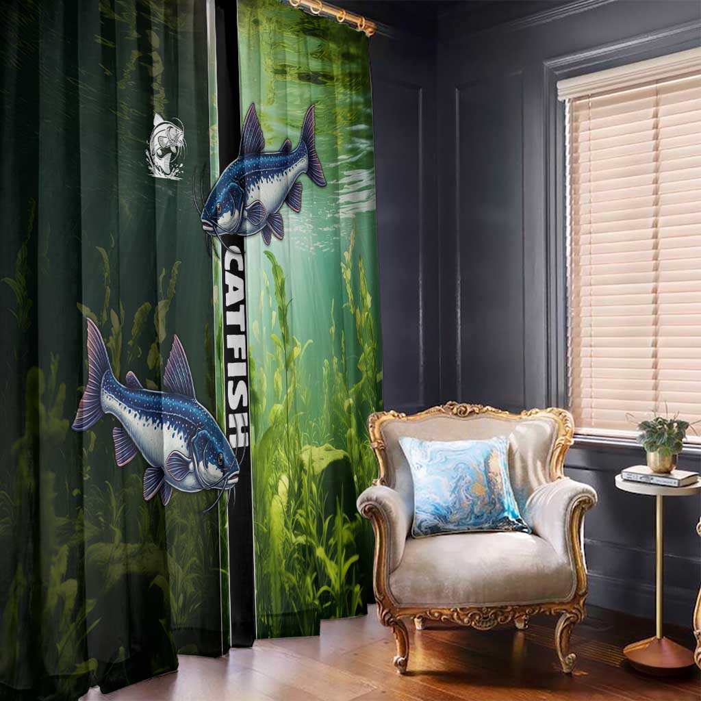 Catfish Fishing Window Curtain with Underwater River Scene and Green Aquatic Pattern - Wonder Print Shop