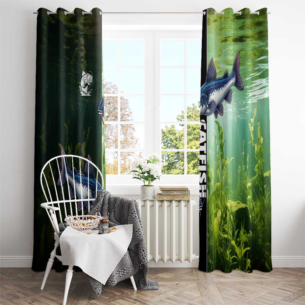 Catfish Fishing Window Curtain with Underwater River Scene and Green Aquatic Pattern - Wonder Print Shop