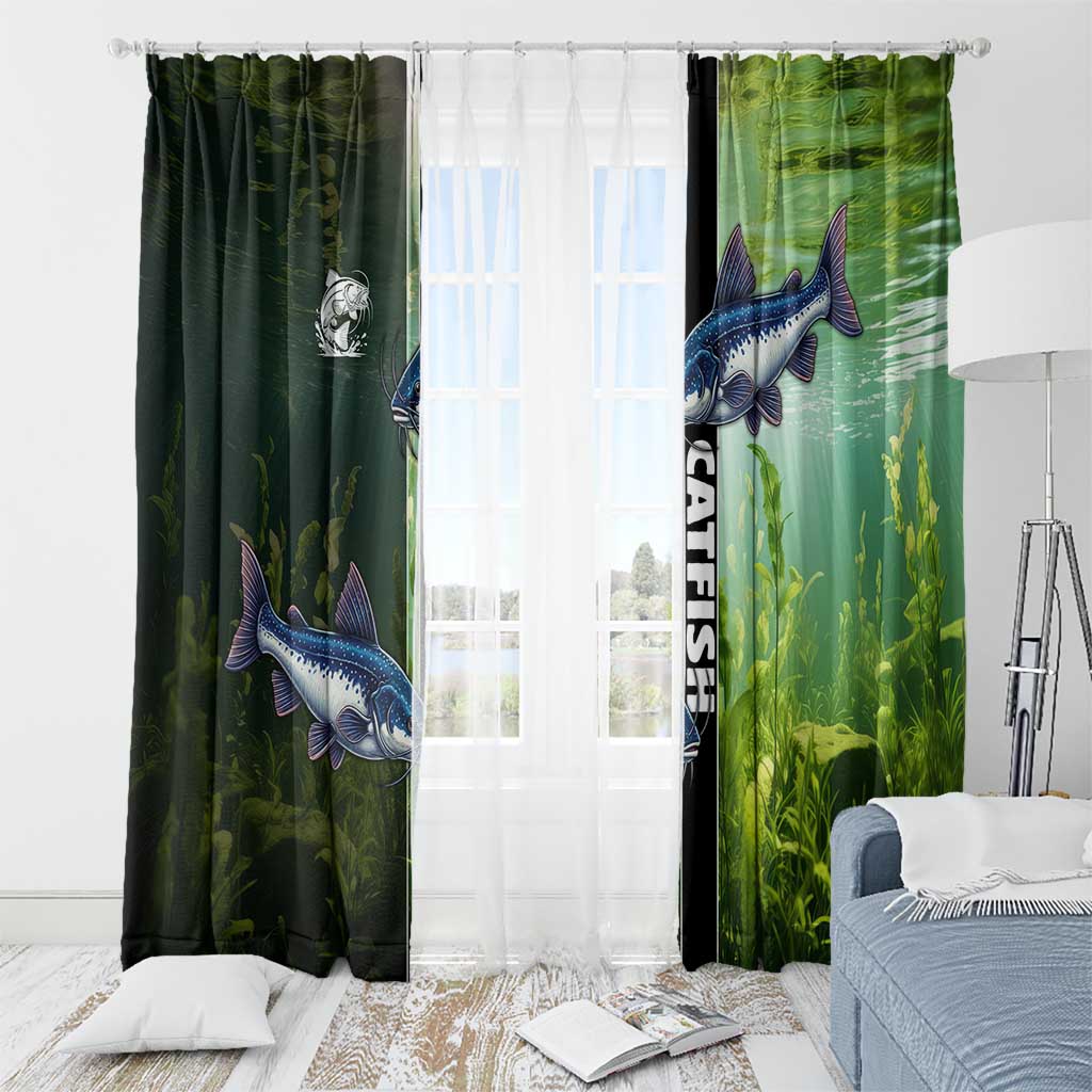Catfish Fishing Window Curtain with Underwater River Scene and Green Aquatic Pattern - Wonder Print Shop