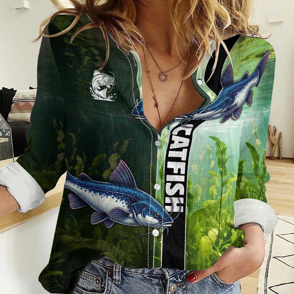 Custom Catfish Fishing Women Casual Shirt with Underwater River Scene and Green Aquatic Pattern - Wonder Print Shop
