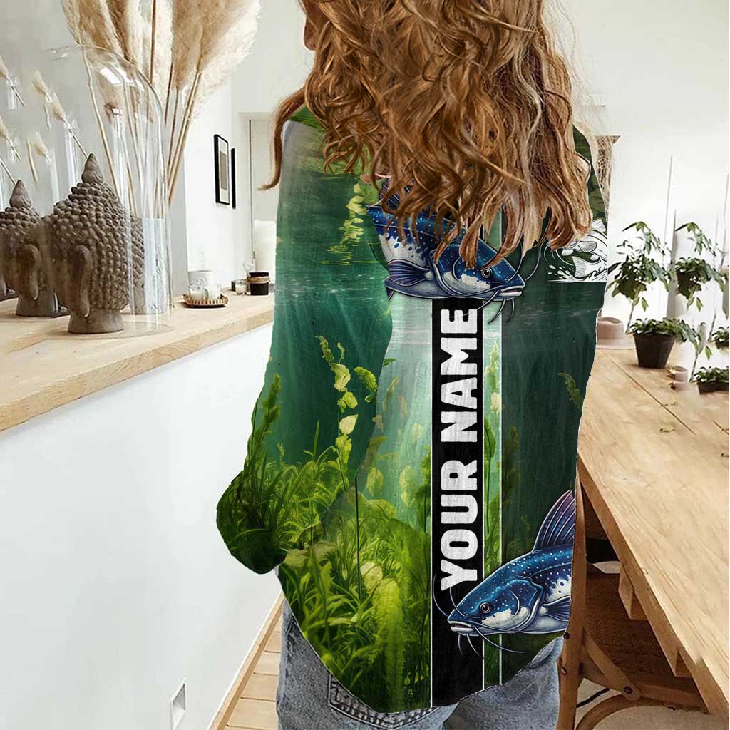Custom Catfish Fishing Women Casual Shirt with Underwater River Scene and Green Aquatic Pattern - Wonder Print Shop