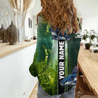 Custom Catfish Fishing Women Casual Shirt with Underwater River Scene and Green Aquatic Pattern - Wonder Print Shop