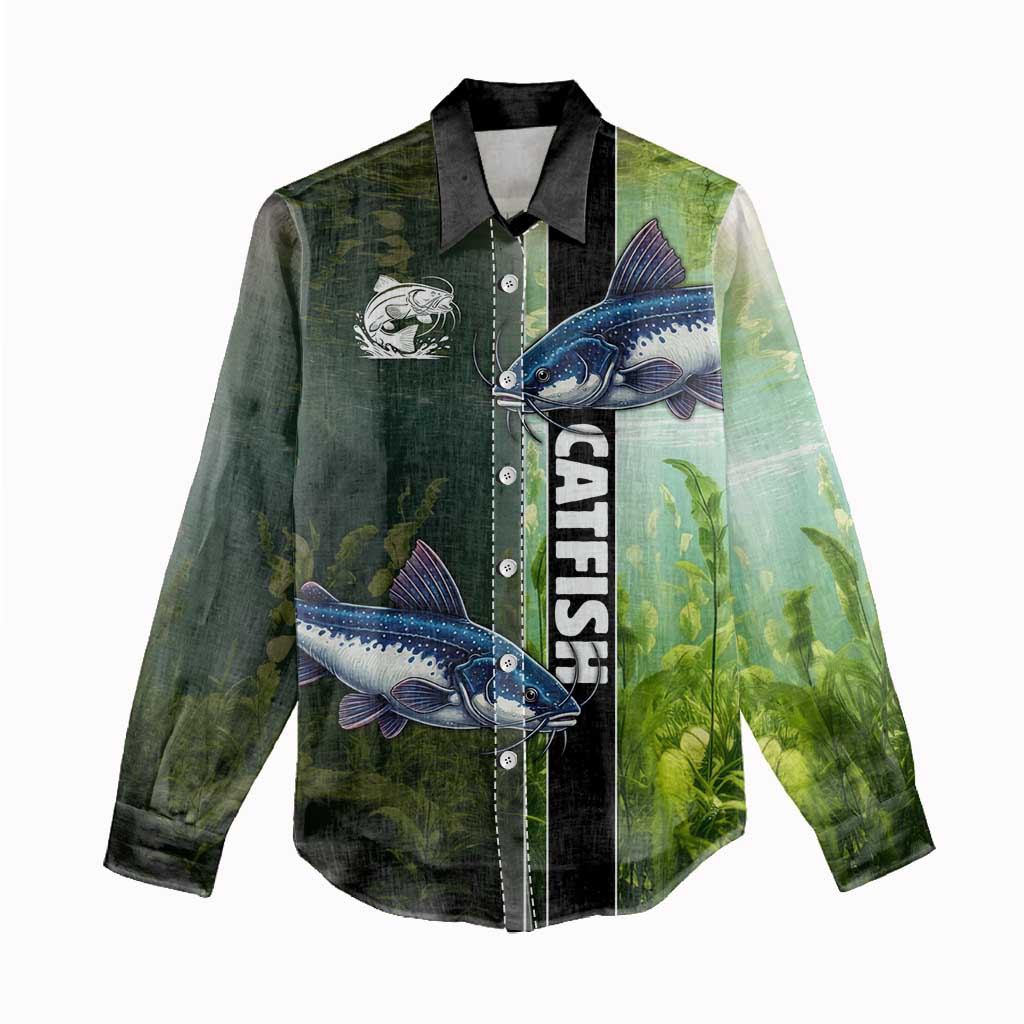 Custom Catfish Fishing Women Casual Shirt with Underwater River Scene and Green Aquatic Pattern - Wonder Print Shop