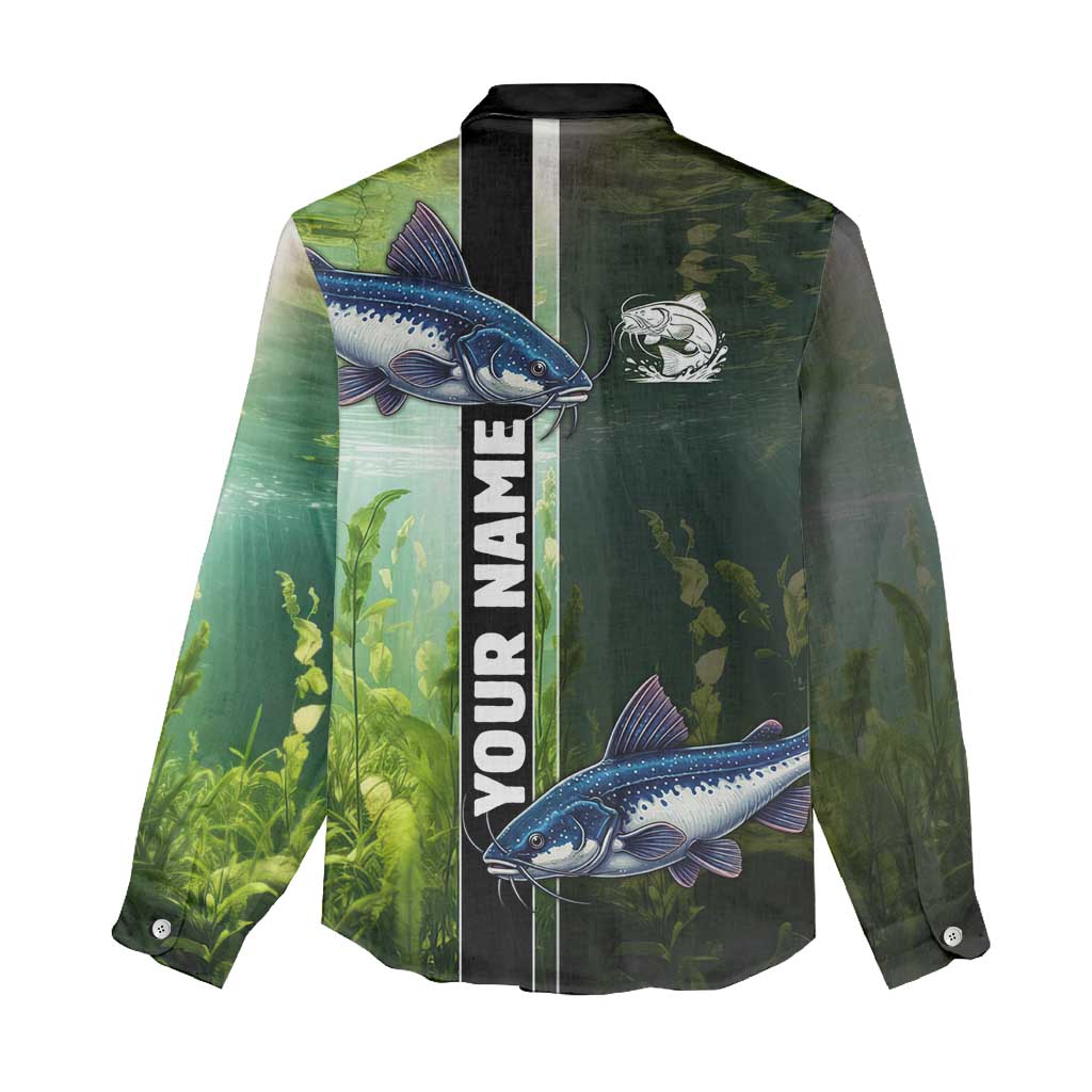 Custom Catfish Fishing Women Casual Shirt with Underwater River Scene and Green Aquatic Pattern - Wonder Print Shop