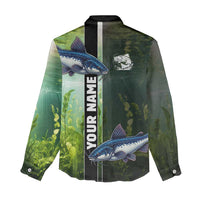Custom Catfish Fishing Women Casual Shirt with Underwater River Scene and Green Aquatic Pattern - Wonder Print Shop