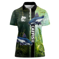 Custom Catfish Fishing Women Polo Shirt with Underwater River Scene and Green Aquatic Pattern - Wonder Print Shop