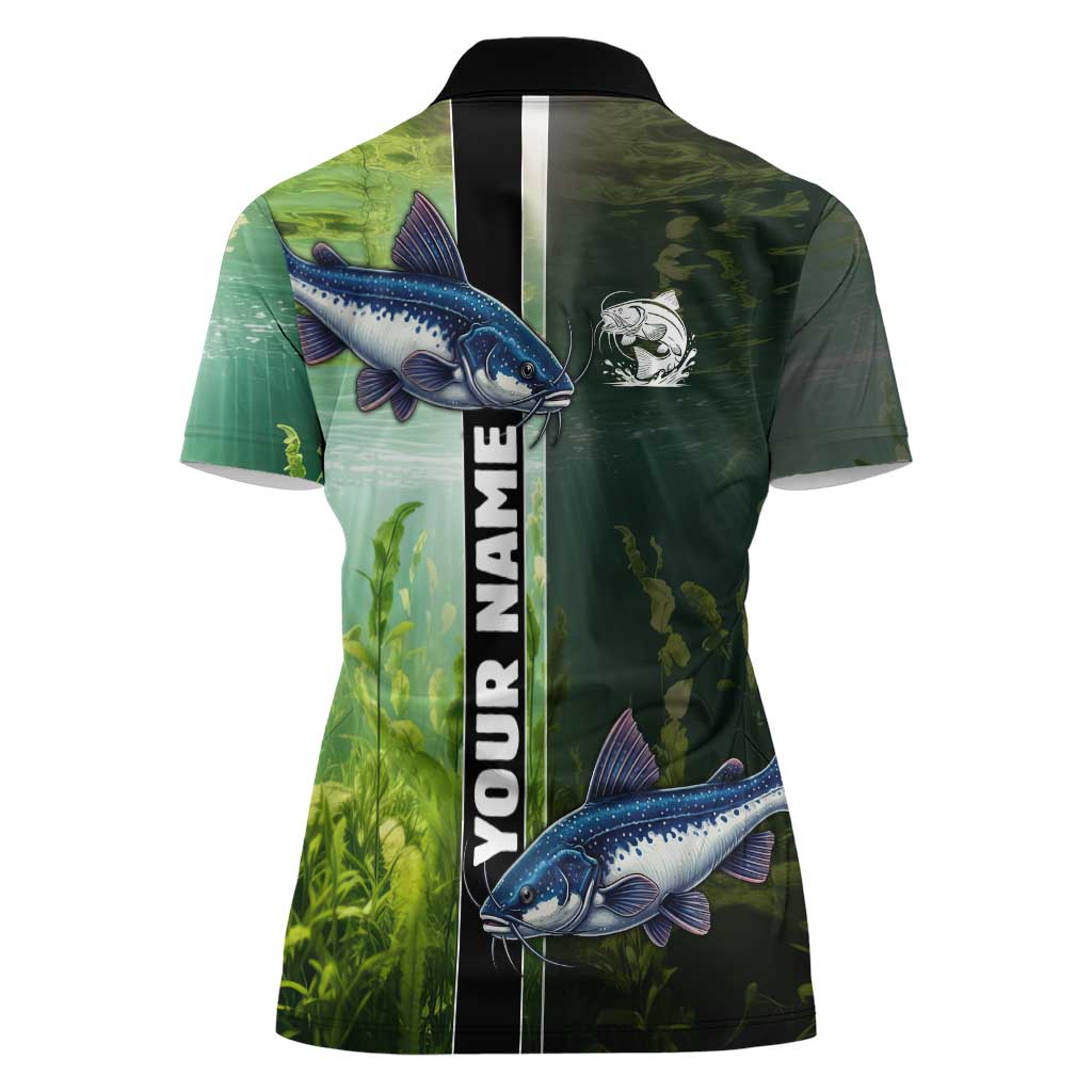 Custom Catfish Fishing Women Polo Shirt with Underwater River Scene and Green Aquatic Pattern - Wonder Print Shop